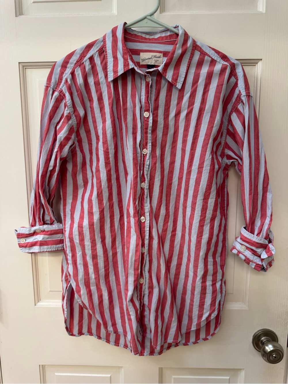 Universal Thread Reddish/Pink and Light Blue Striped Oversized Button-Up